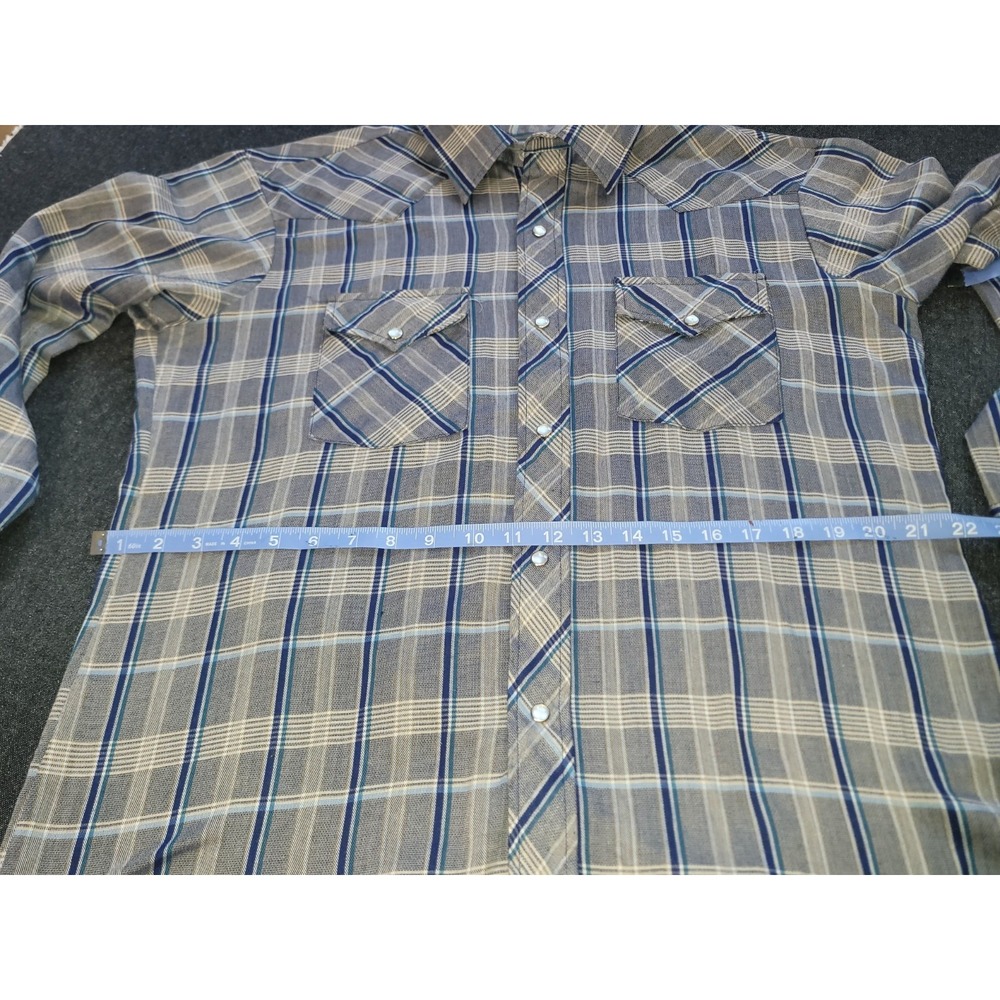 Vintage 70s Rancher Western Wear Mens Button Up Blue Plaid Pearl Snap Size L USA - Picture 10 of 13